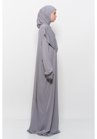 Pratik Tek Parça Pamuklu Yarasa Kollu Tak Çıkar Başörtülü Tesettür Namaz Elbisesi Gri Çok Renkli