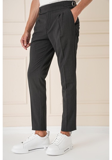 Yandan Tokalı Çift Pileli Esnek Pamuk Siyah Pantolon P 1160 Siyah