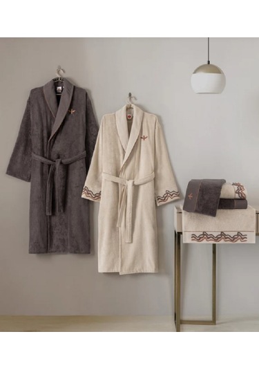 Cottonbox Puff Nakışlı Aile Bornoz Seti Molende Bej-antrasit L-xl Antrasit