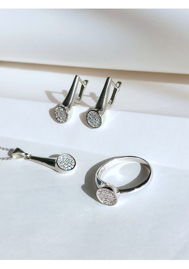 Gümüş Pave Sövalye Tasarım Kolye Küpe Yüzük Kadın Set