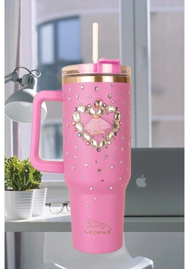 Pipetli 1,2 Litre Kulplu Çelik Termos Renkli Üzeri Taş İşlemeli - Pembe Pembe