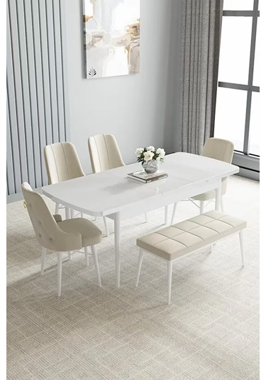Loft Beyaz 80x132 Açılabilir Mdf Masa Yemek Odası Takımı, Mutfak Takımı 4 Sandalye, 1 Bench Krem