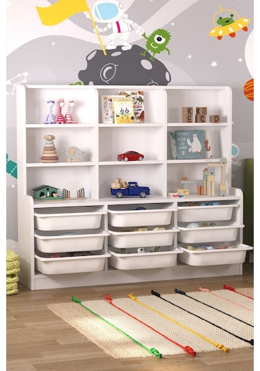 Bofigo 9 Sepetli 9 Raflı Dolap Çok Amaçlı Dolap Oyuncak Dolabı Almina Beyaz Beyaz