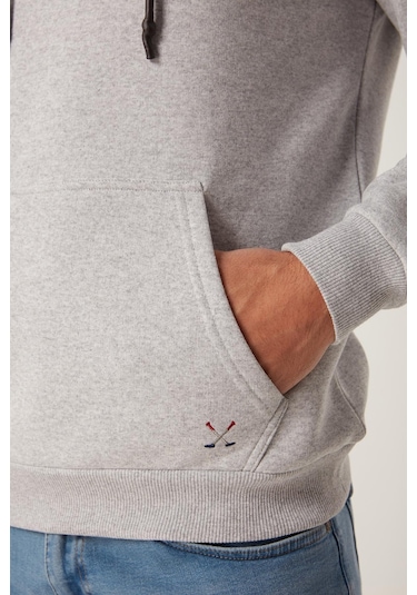 Erkek Kapüşonlu Kanguru Cep 3 İplik Sweatshirt Gri Melanj