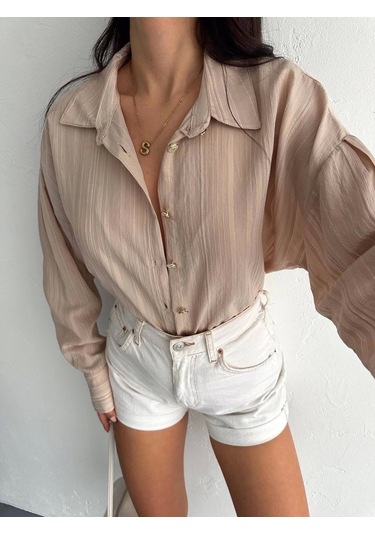 Çizgili Oversize Gömlek Bej