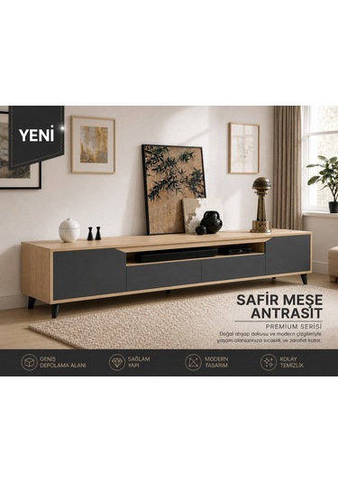 Legno Premium 180cm Modern Tv Ünitesi Safir-ant Antrasit - Safir Meşe