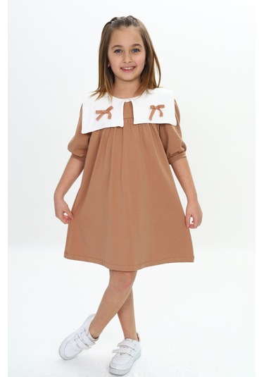 Toontoy Kız Çocuk Yaka Detaylı Elbise Kahverengi