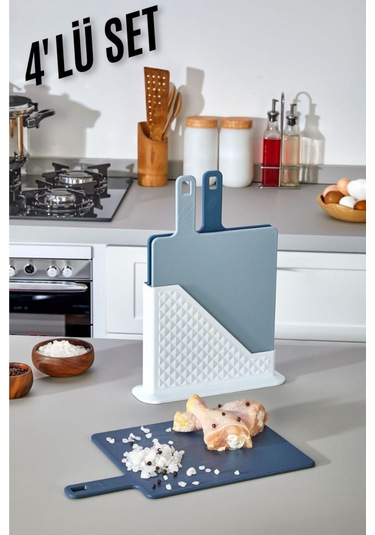 4 Parça Standlı Kesim Tahtası Seti - Ekmek/ Et/ Sebze Kesme Tahtası - Küçük - Mavi Mavi