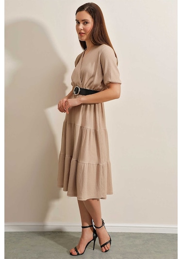 Giyim Dünyası Kadın Kemerli Kruvaze Elbise Vizon 001