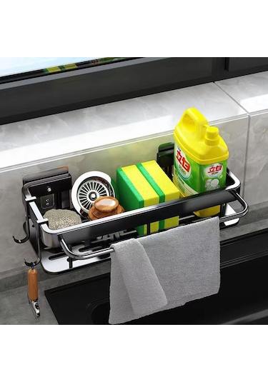 Geeroyoo Çok Amaçlı Banyo Askılığı: Paslanmaz Çelik Duvar Montajlı Lavabo Organizatörü 30.5x13x5.5cm Siyah