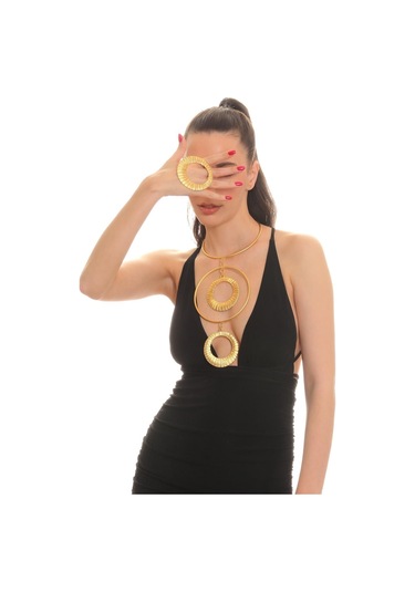 Kadın Mat Altın Kaplama Dairesel Formlu Açık Bant Tasarım Kolye & Yüzük Set Altın