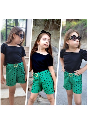 MODAVALS KIZ ÇOCUK PUANTİYELİ KEMERLİ ŞORT VE BLUZ KOMBİN - YEŞİL Yeşil