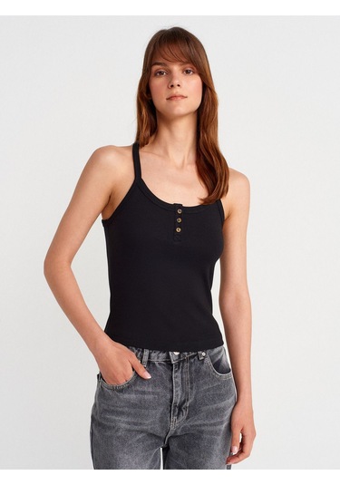 Dilvin Kadın Basic Düğme Detaylı Askılı Siyah Atlet - 21106 Siyah