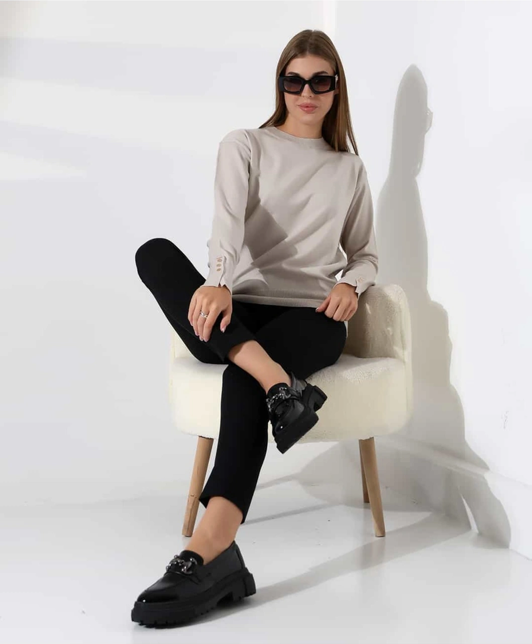 Gündelik Şıklık Kol Düğme Detay Triko Kazak Bej