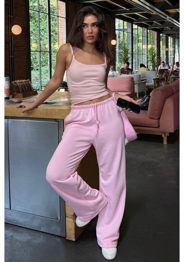 Pembe Geniş Paça Basic Kadın Eşofman Altı Mg2553 Pembe