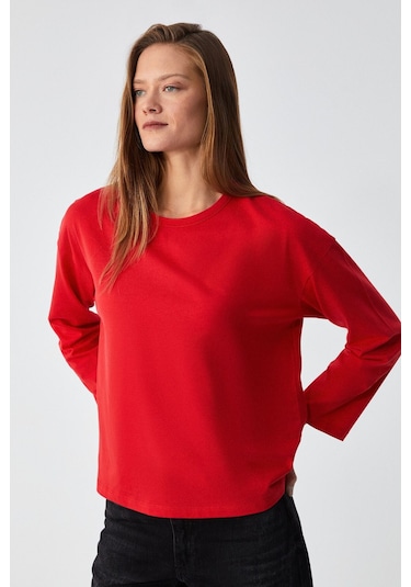 GRIMELANGE Basıl Kadını Oversize %100 Organik Pamuk Örme Uzun Kol Kırmızı T-shirt Kırmızı