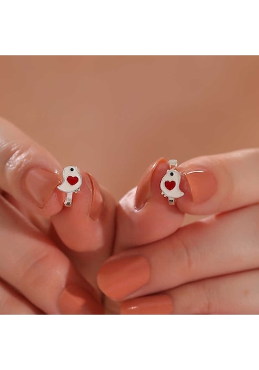 Gümüş Kalpli Kuş Çocuk Küpesi Çok Renkli 67022299