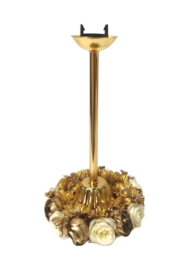 Kadife Kaplı Çiçek Dekorlu Ekru Kumaş Gold Şeritli Abajur Diğer