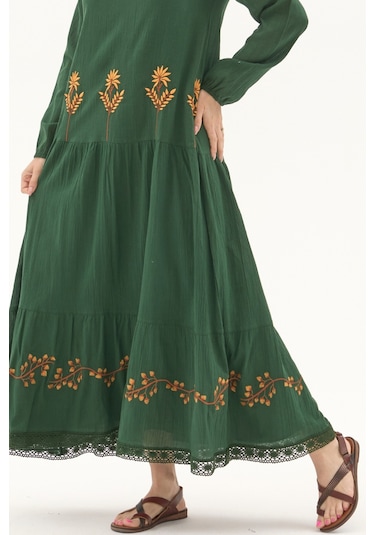 Şile Bezi Yeşil Uzun Kol Nakışlı Uzun Yazlık Elbise