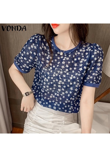 Koyu Mavi Vonda Kadın Yaz Yuvarlak Yaka Puf Kısa Kollu Pileli Çiçekli Bol Bluz Koyu Mavi Vonda Kadın Yaz Yuvarlak Yaka Puf Kısa Kollu Pileli Çiçekli Bol Bluz