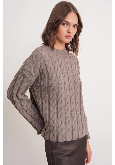 6973 Kadın Saç Örgülü Regular Basic Triko Kazak Toprak Toprak