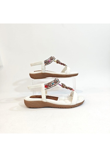 Voyager 9639 Beyaz Taban Masajlı Taş İşlemeli Bayan Sandalet Beyaz