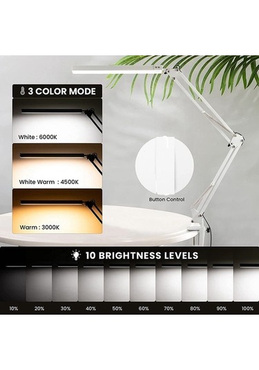 Szypzstore Kelepçeli 2x Led Masa Lambası, 10w Salıncak Kolu Masa Lambası, 3 Aydınlatma Modu, Çalışma, Çizim, Ofis Için Ayarlanabilir Masa Lambası 9g8cw1 Beyaz
