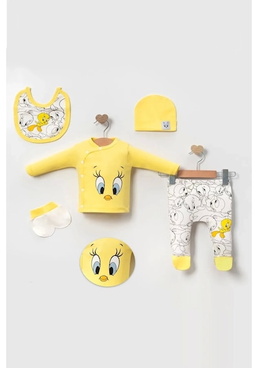 Civciv Desenli Yenidoğan 5li Hastane Çıkışı Zıbın Seti %100 Pamuk Sari