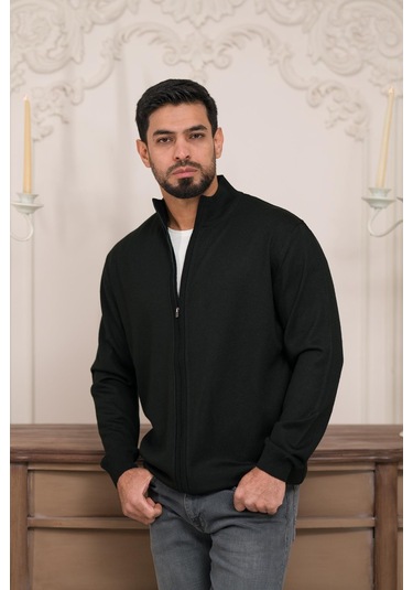 Woolen World Regular Fit Dik Yaka İnce Baharlık Triko Hırka Siyah