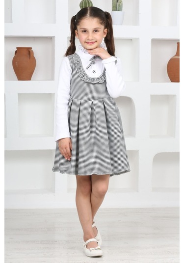Kız Çocuk Kaz Ayağı Desenli Pileli Elbise Ve Likralı Body Siyah-beyaz