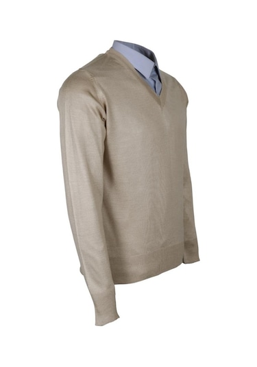 Erkek Yünlü Kazak V Yaka Normal Klasik Kesim Krem Renk Rar00815