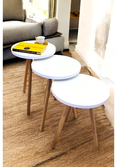 Zigon Sehpa Doğal Ahşap Ayaklı 3 Lü Set Yuvarlak Beyaz
