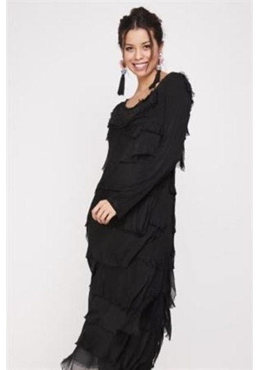 Italyan 2 Beden İnce Gösteren Kat Kat Uzun Kol Taşlanmış İpek Elbise-9189 Siyah