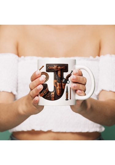 J Harfi Kovboy Temalı Bardak 330 Ml İsim / Harf Kişiye Özel Hediye - Vahşi Batı Konsept Beyaz