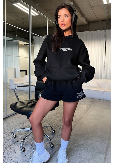 Thatsofetch Series 7 Sweatshirt - Siyah Baskılı Oversize Kapüşonlu Siyah