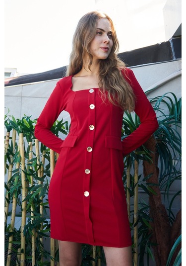 Kadın Likralı Krep Kumaş Kare Yaka Uzun Kol Önü Düğmeli Ofis Ceket Elbise-kırmızı Kırmızı