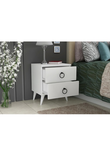 Komidin 2 Çekmeceli Beyaz Siyah Kulplu Konik Ayaklı Kurulu