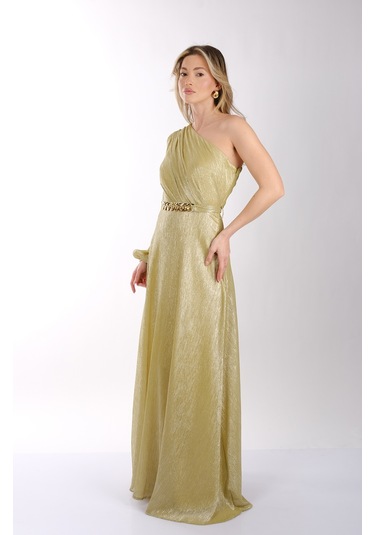 Explosion Tek Omuz Maxi Metalik Elbise - Şıklığı Ve Konforu Bir Arada Lime