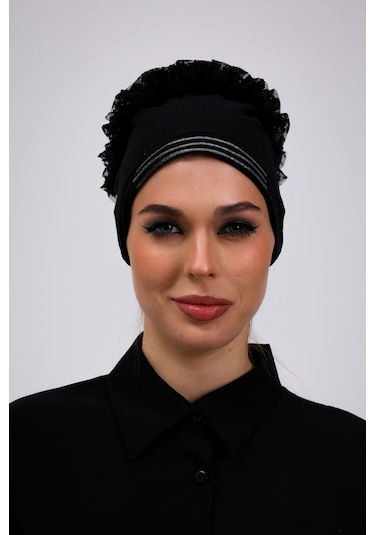 Kaymayan Fırfırlı Siyah Silikonlu Dikişsiz Kaymaz Bone Kadın Tesettür Bağlamalı Iç Bone Siyah