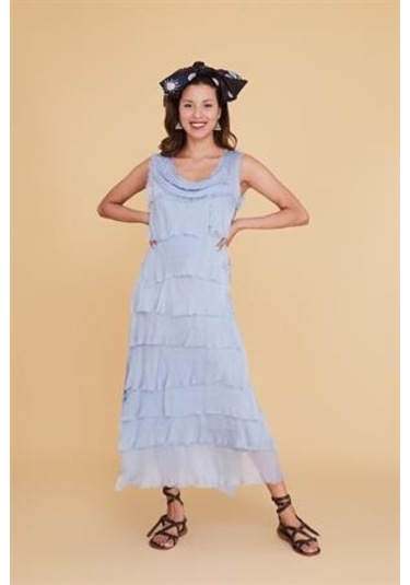 Italyan 2 Beden İnce Gösteren Kat Kat Kolsuz Ipek Elbise-8769 Açık Mavi