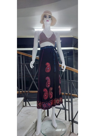 Bohem Stil Hint Batik Çiçek Desenli Ve İşlemeli Uzun Hint Anvelop Etek Görsel Çok Renkli