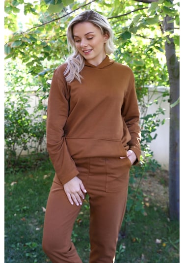 Akbeniz Kadın Pamuk Kapşonlu Cepli 3 İplik Kahve Eşofman Takım 9037-kahve Kahve