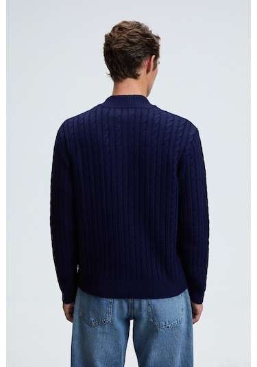 IVAR Erkek Yarım Fermuarlı Dik Yakalı Saç Örgü Desenli Triko Lacivert Kazak