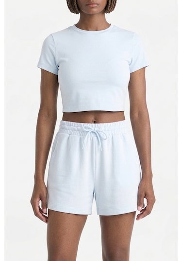 Soft&Basic Kadın Rahat Kalıp Cepli Beli Lastikli Kısa Paça Mavi Şort