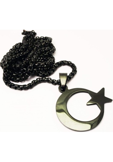 Siyah Ay Yıldız Bayrak Çelik Erkek Kolye Zincir - Sevgiliye - Eşe- Babaya - Arkadaşa Kolye