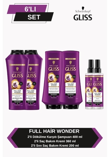 Gliss Full Hair Wonder Dökülme Karşıtı Şampuan 400ml X2 + Saç Kremi 360ml X2+ Sıvı Saç Kremi 200 Ml X2 set-hnkl-5224-6366 Tüm Saçlar