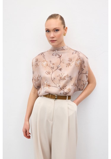 Sateen Kısa Kollu Desenli Bluz - Kahve-137042 kahve