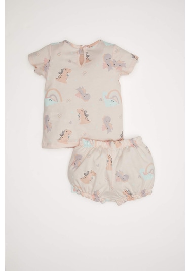 DeFacto Kız Bebek Pijama Takımı Dinazor Baskılı Kısa Kollu Penye Üst Beli Lastikli Şort D8295A5NSPN262 Pembe