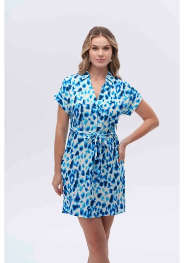 Belden Kurdale Bağlamalı Desenli Elbise Cnl Mavi