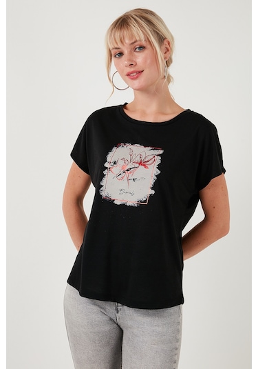 Lela Baskılı Bisiklet Yaka Regular Fit Bayan T Shirt 6671002 Siyah